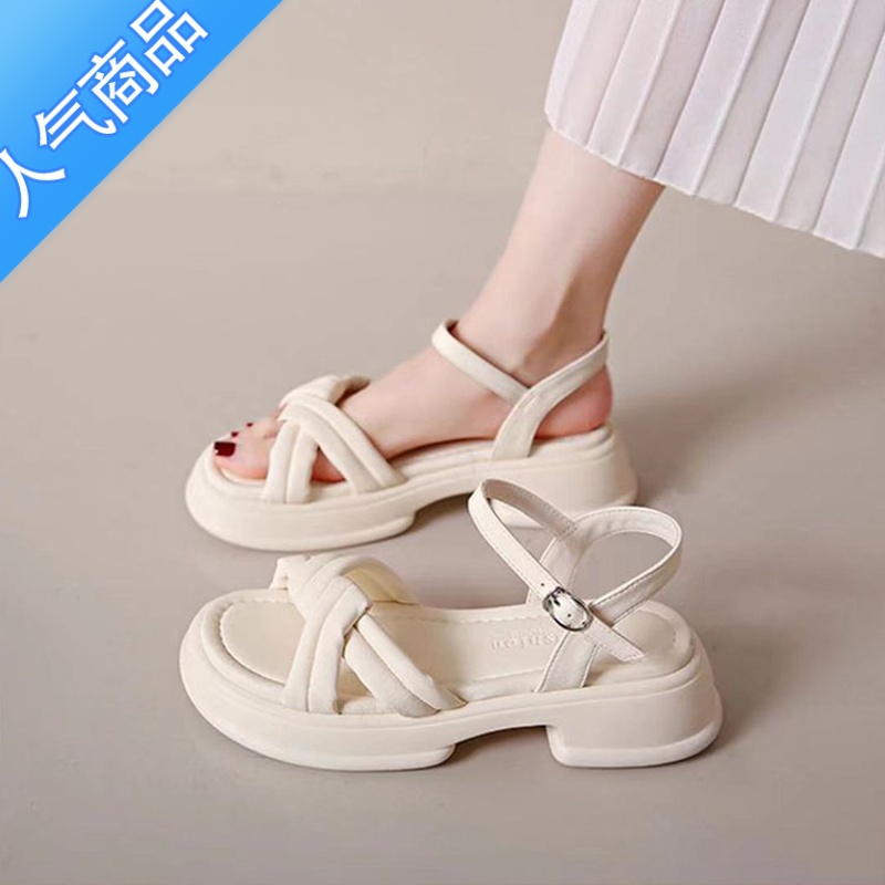 SUNTEK一字沙滩凉鞋女2023春夏新款百搭复古舒适小个子粗跟防滑NE适复高清大图