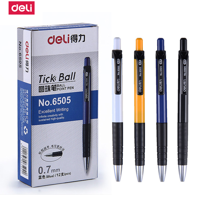 得力deli6505圆珠笔伸缩按动式蓝色按动圆珠笔油笔原子笔0.7mm中油笔