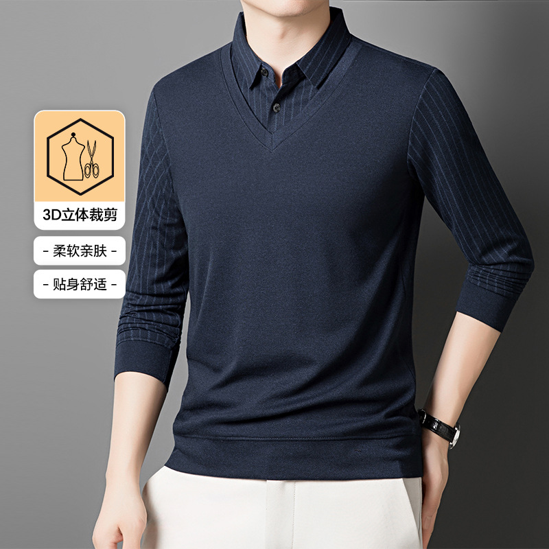 啄木鸟秋冬季假两件Polo衫男士爸爸装长袖打底上衣商务休闲打底衫高清大图
