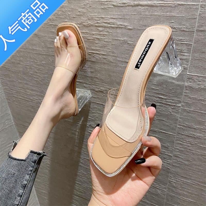 SUNTEK凉拖女2023年夏季新款外穿中跟方头网红拖鞋水晶跟透明高跟鞋粗跟图片