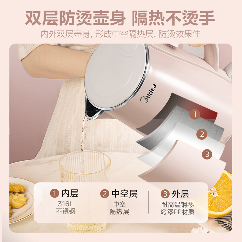 美的(Midea)电水壶热水壶电热水壶316L不锈钢容量烧水壶净甜家用大容量开水壶智能自动断电-HJ1705-PRO高清大图