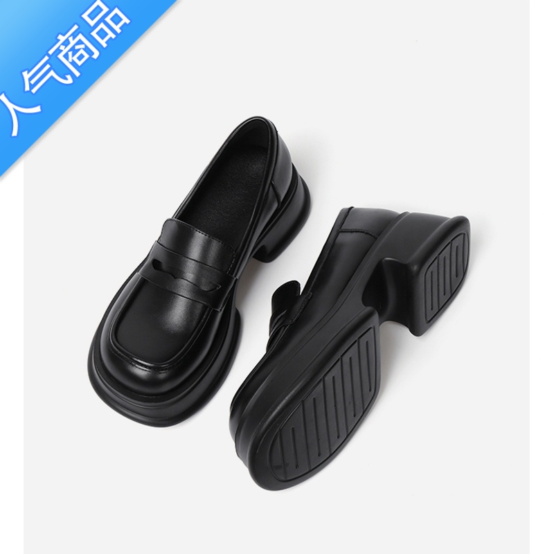 SUNTEK厚底乐福鞋女2023年新款一脚蹬jk松糕单鞋子英伦风增高小皮鞋 黑色 38