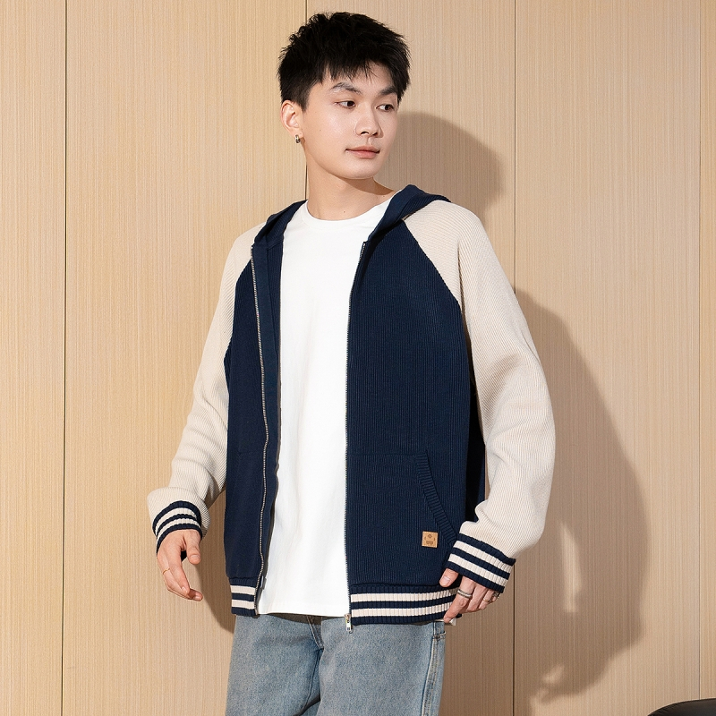 [2.5折价159元]唐狮春新款男士毛衣针织开衫外套连帽拉链款港风休闲青少潮