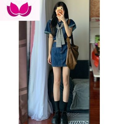 七斓牛仔连衣裙子法式2023年新款女装夏季辣妹套装小个子长裙气质茶小 S 短裙款送同款披肩腰带复古连衣裙/夏天裙子/蓝色/桔梗法式/高