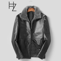 HUNNZ真皮皮衣男翻领修身皮夹克2018冬季新款青年男士休闲皮衣外套黑色