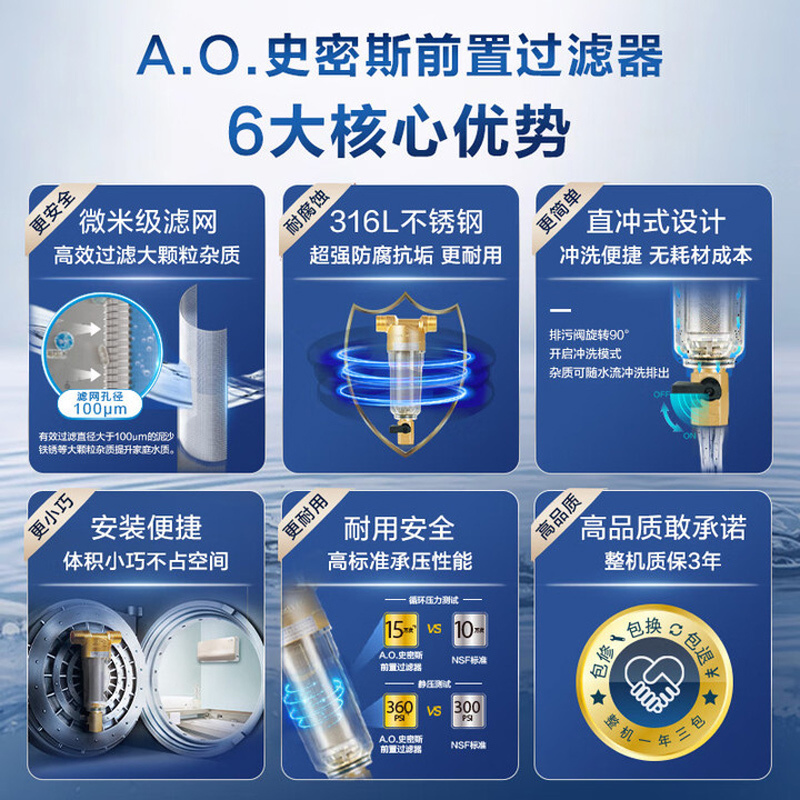 AO史密斯佳尼特[净水洗套装]60升电热水器TT-B+前置过滤器 储水式 金圭内胆8年免费包换 双棒分离速热 可遥控大屏