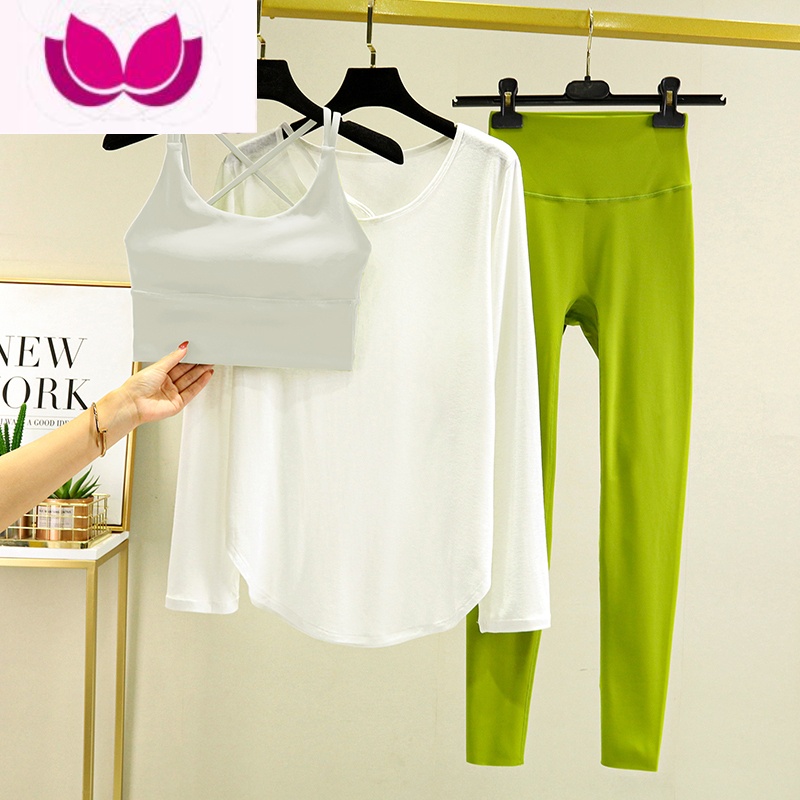 七斓美背瑜伽服套装高级感女2023新款专业高端运动蜜桃臀健身服春 椰奶白胸衣+白色罩衫+牛油果绿长裤 L码建议111斤-125斤
