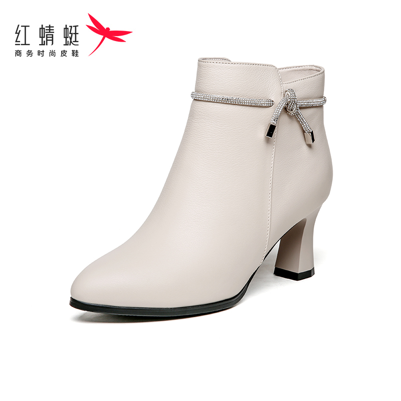 红蜻蜓女鞋高跟尖头短靴女2020冬季新款保暖女靴加绒黑色女鞋韩版百搭OL通勤切尔西短靴 米白色 39码