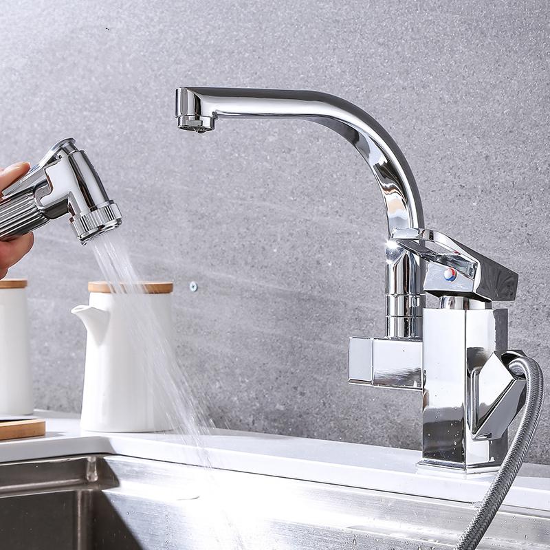 厨房水龙头冷热抽拉式闪电客多功能伸缩双出水洗菜盆洗脸池可旋转龙头