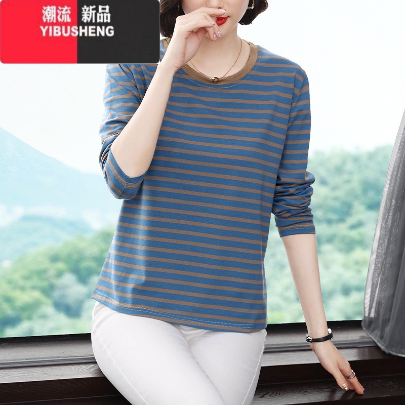 YIBUSHENG圆领长袖t恤女中老年妈妈装大码宽松2024春秋新款打底衫上衣高清大图