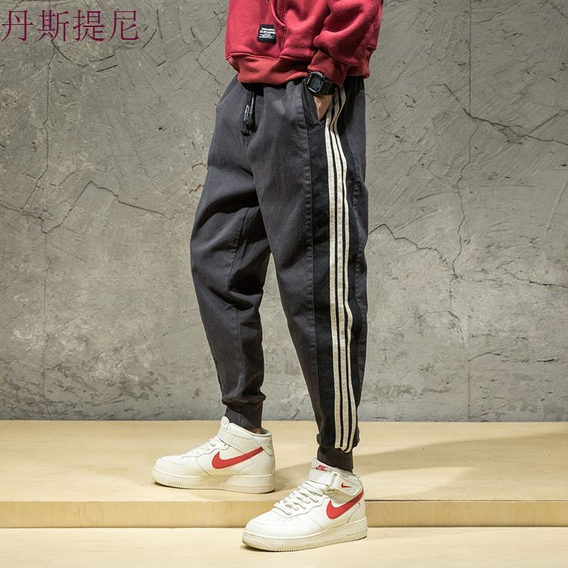 日系街头休闲裤男嘻哈条纹运动卫裤潮流青少年宽松大码束脚哈伦裤