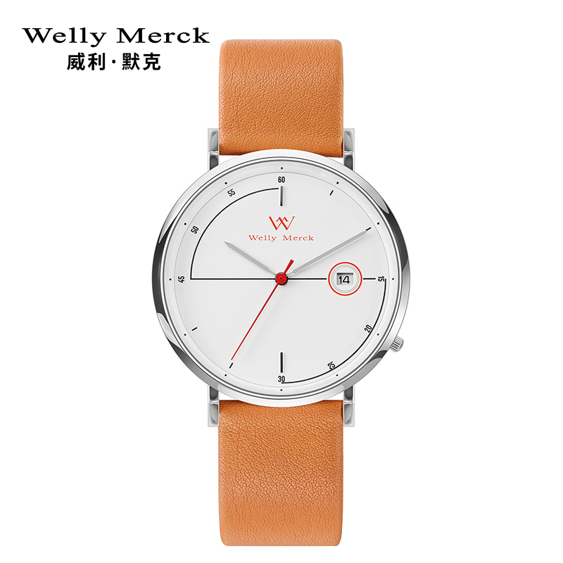 welly merck 威利默克男生手表时尚防水新款腕表男士正品石英学生男表WM004M 橙白皮带