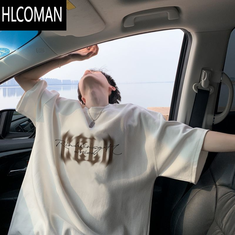 HLCOMAN美式复古黑色短袖T恤男夏季潮牌ins痞帅高街宽松半袖体恤