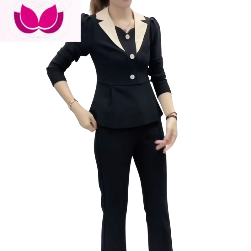 七斓2023春季新款洋气时尚微喇长裤套装遮肚显瘦休闲西装上衣套女高清大图