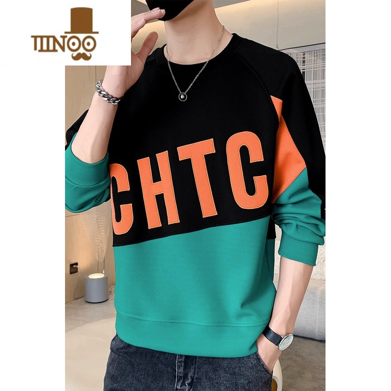 YANXU长袖T恤男美式高街字母印花拼接卫衣男装宽松圆领上衣服潮高清大图
