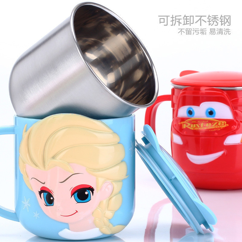 迪士尼女宝宝幼儿童公主餐具水杯家用牛奶杯幼儿园不锈钢口杯防摔喝水杯子带盖250ML-冰雪奇缘艾莎公主不锈钢水杯