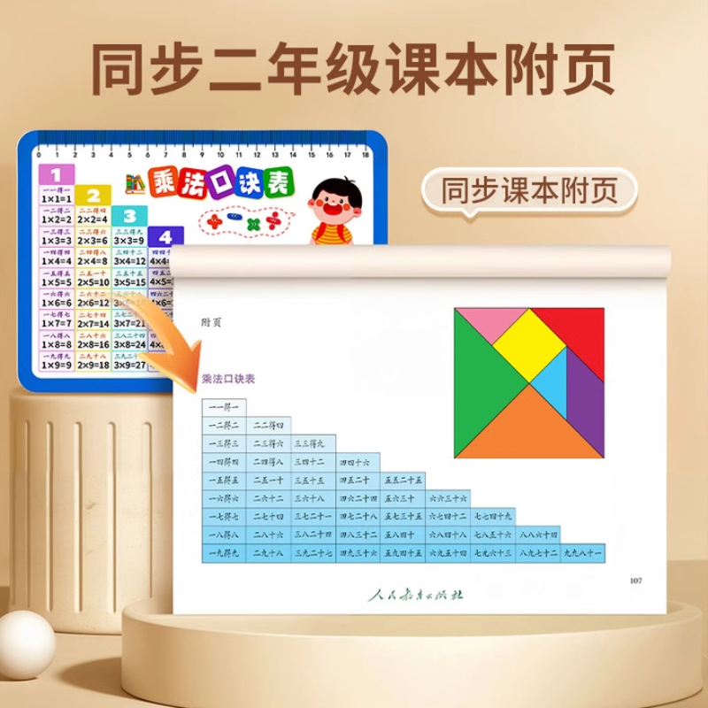 九九乘法口诀表小学数学公式大全99除法背诵神器一二年级数字卡片 同步人教版二年级课本附页【乘法表+七巧板】