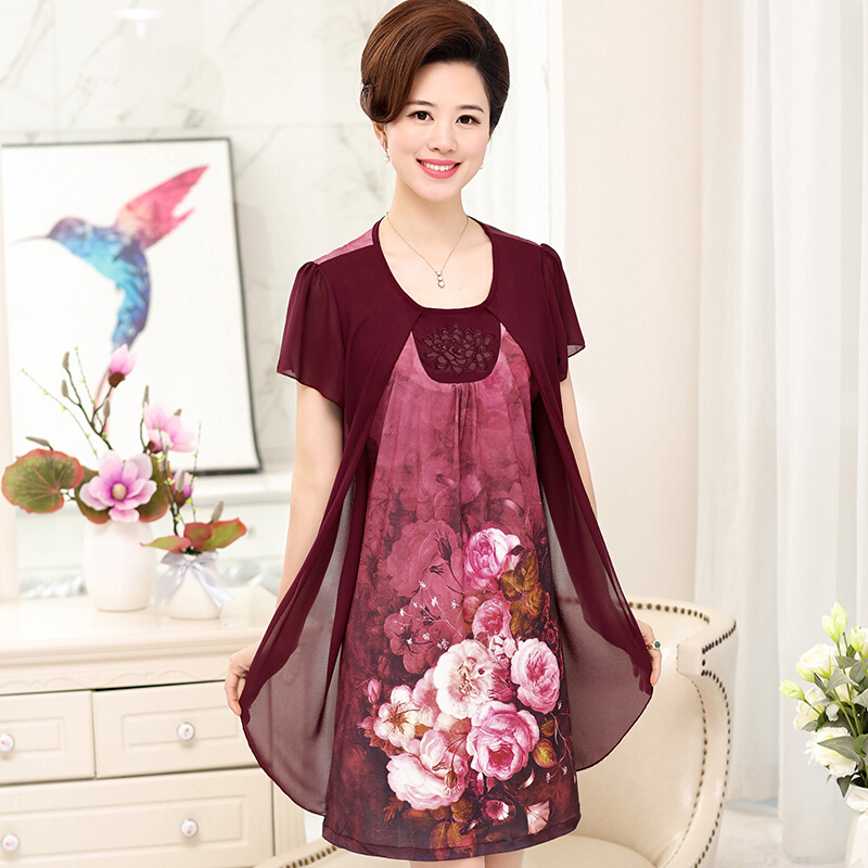 中老年妈妈装夏装连衣裙民族风大码中年女装中长款裙子4050女上衣