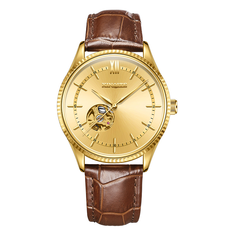 新奇特手表男双面镂空国产品牌正品自动机械时尚防水休闲商务学生男表 X-80 金壳金面棕带