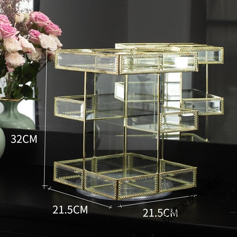 上新上新欧式旋转化妆品收纳盒ins透明玻璃桌面梳妆台护肤置物架 一件新 四边形旋转图片
