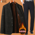 爸爸秋冬款外套装中老年人加绒加厚款西装男2024新款冬装中年西加 175/88A适合100-115斤 (加绒加厚)咖啡色+裤子