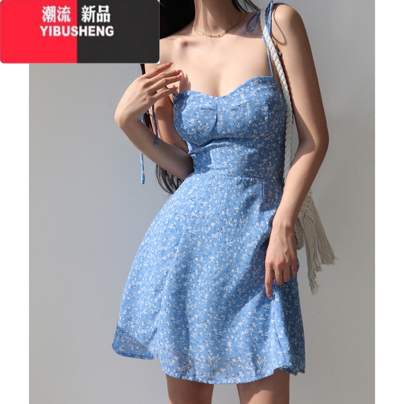 YIBUSHENG法式纯欲风别致蓝色系带碎花连衣裙女收腰显瘦小个子A字吊带短裙高清大图