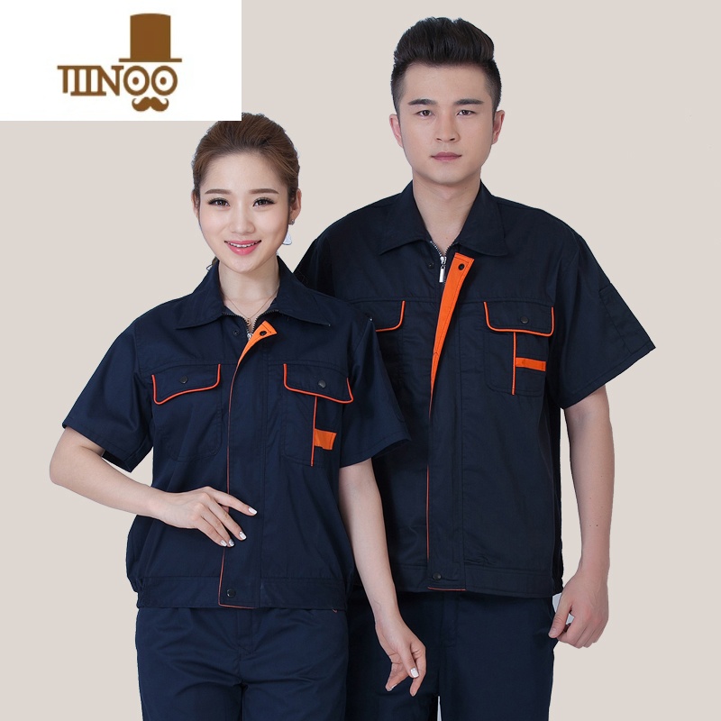 YANXU短袖工作服套装男夏季工程劳保服工厂车间维修汽修服上衣厂服工装 190/XXXXL(180-200)斤 藏蓝桔兜短袖---上衣