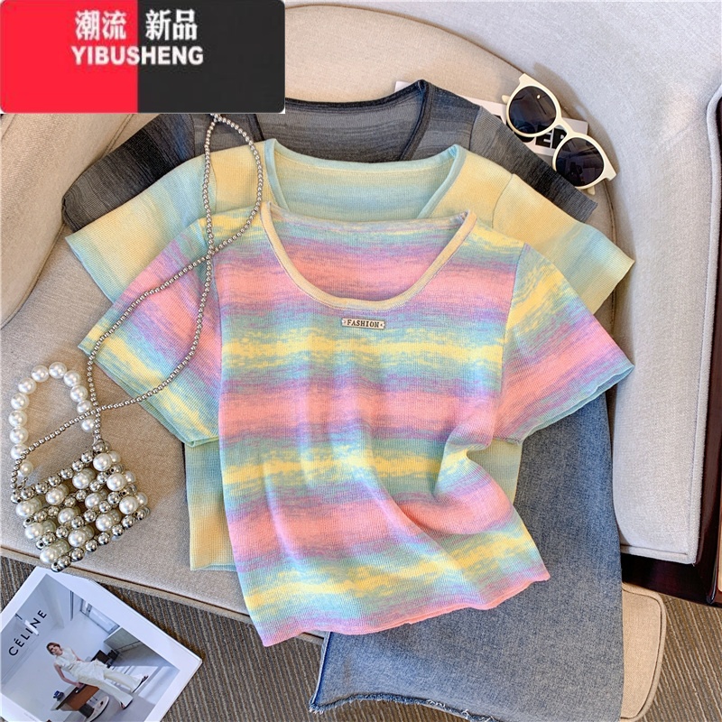 YIBUSHENG多巴胺穿搭条纹t恤女季设计感小众针织短袖甜辣风短款上衣薄甜高清大图
