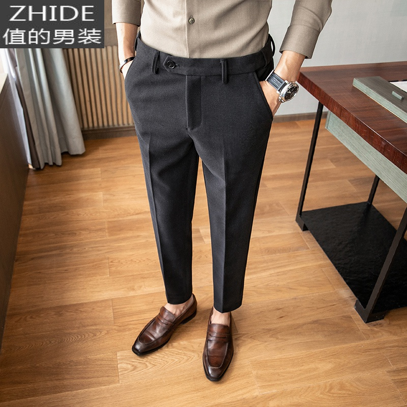 suntek秋冬季毛呢料休闲裤男士修身韩版潮流磨毛西装裤小脚西裤子男