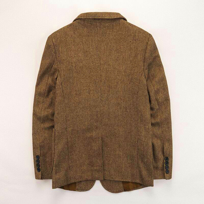 baluoshang复古英伦粗花呢男毛呢外套棕色毛tweed西服人字纹秋冬修身