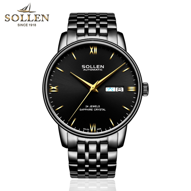 梭伦(SOLLEN)手表男士新款正品自动机械表太阳纹防水超薄时尚休闲商务品质精钢双日历男表SL-9020