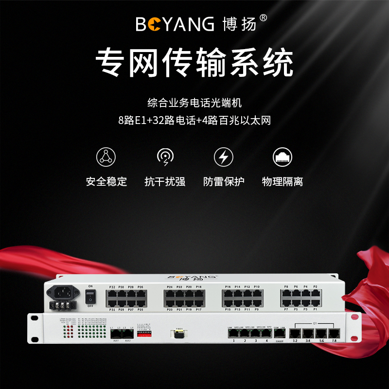 博扬 综合业务电话光端机 8路E1+32路电话+4路百兆以太网物理隔离 单纤1对价 BY-8E1-32P4FV-60km