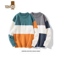 YANXU日系复古拼色条纹圆领毛衣男美式软糯宽松保暖针织情侣毛线衣