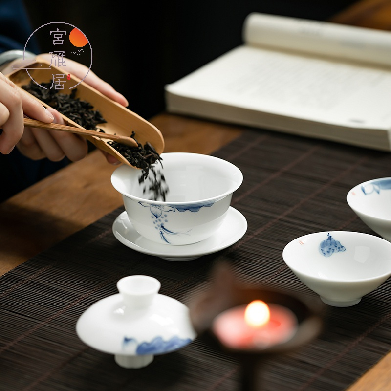 宫雁居手绘陶瓷功夫茶具套装日式盖碗茶杯泡茶壶茶叶罐泡茶器现代简约