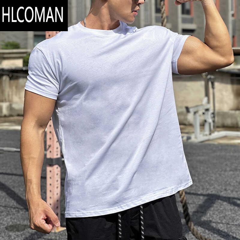 HLCOMAN健身衣服男宽松棉质t恤纯色运动短袖夏季跑步上衣休闲篮球训练服
