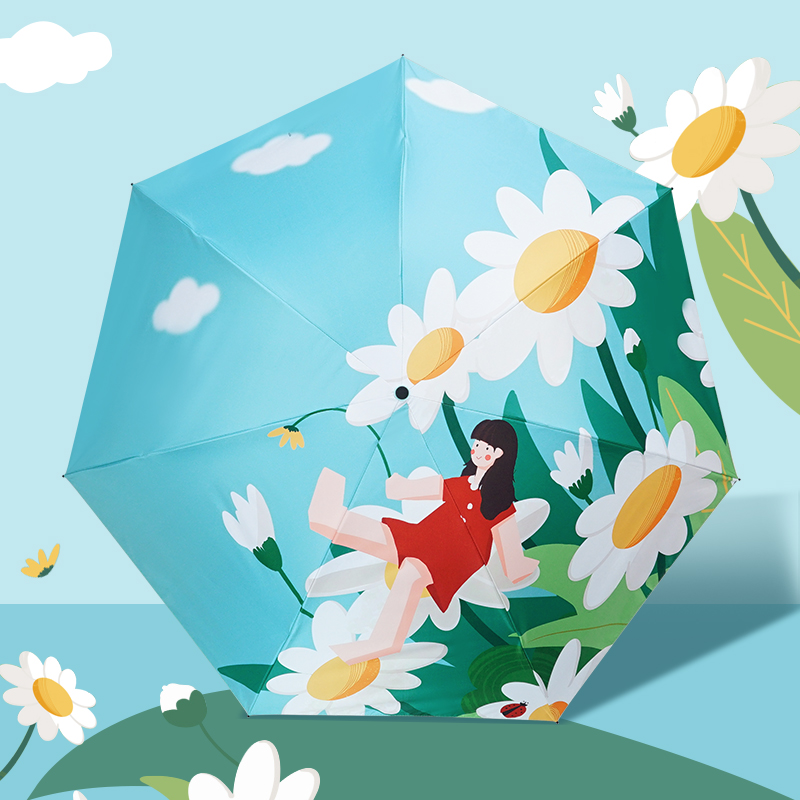 红叶三折超细太阳女孩伞 太阳伞女士伞晴雨两用黑胶涂层防晒防紫外线遮阳伞 -3606