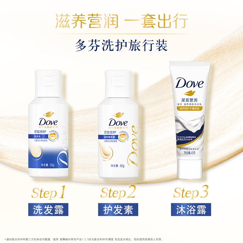 多芬 密集修护旅行套装 氨基酸洗发水50g+护发素50g+沐浴露45g高清大图