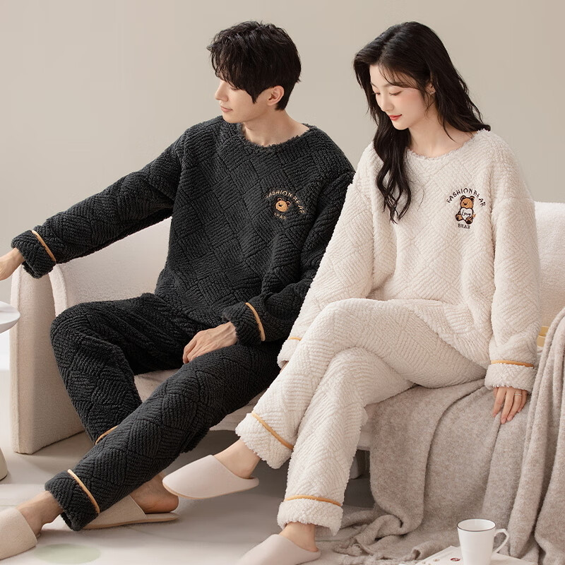 浪莎情侣睡衣男女士秋冬珊瑚绒加绒加厚家居服两件套可外穿卡通风睡衣 卡通熊 男XXXL