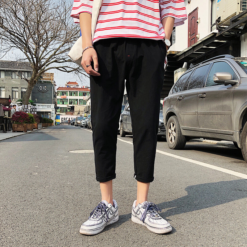 夏季裤子九分裤七分裤韩版潮流修身男士小脚裤休闲裤港风文艺lm