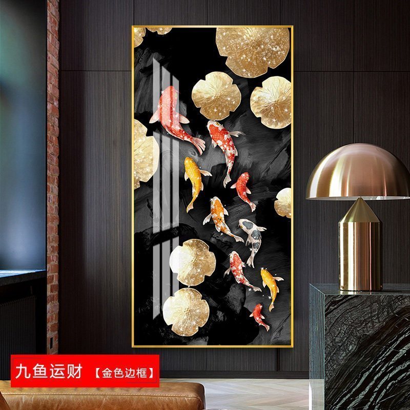 年年有鱼九鱼图玄关装饰画走廊过道挂画 祥吉金鱼(银色边框) 75*150cm晶瓷画(晶瓷工艺+金属框)统一发金色边框(需高清大图