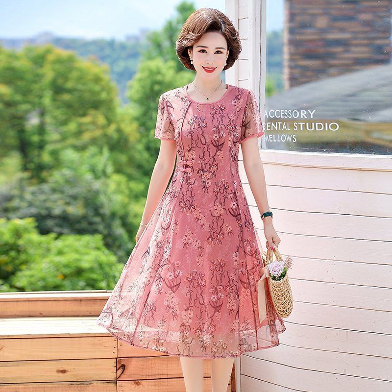 雪暖夏装新款妈妈裙4050岁中老年女装高贵中年女士网纱连衣裙1号色bd