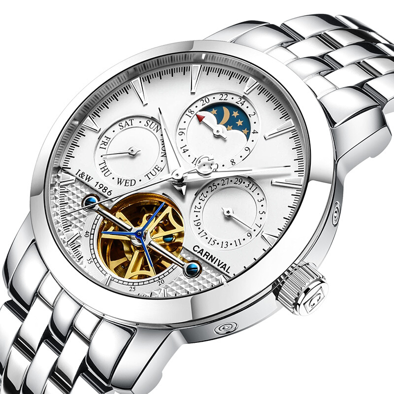 嘉年华CARNIVAL瑞士品牌 手表新款全自动机械表 男士手表镂空钢带防水夜光腕表时尚休闲精钢金属飞轮日月星辰8752高清大图