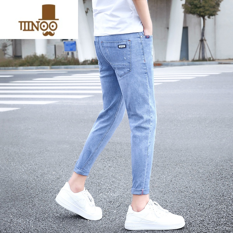 YANXU夏季九分牛仔裤男士韩版修身小脚裤潮牌款男款夏天破洞男裤子高清大图