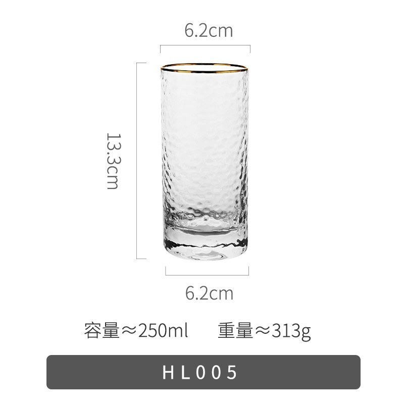 家柏饰(CORATED)日式金边玻璃杯家用套装茶杯透明锤纹水杯啤酒轻奢创意风杯子 金边锤目纹杯-450ML(6只装)高清大图