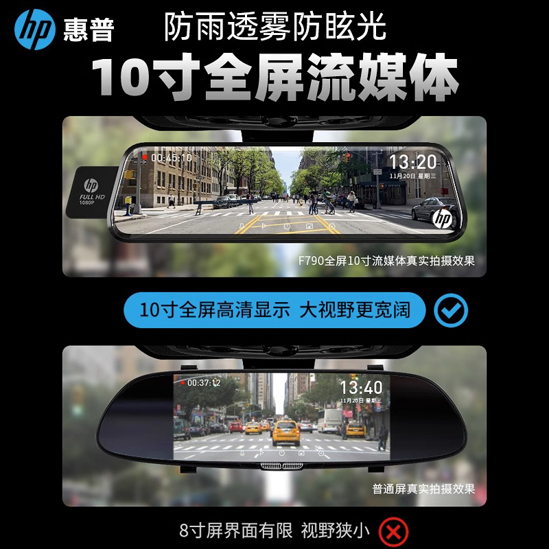 惠普行车记录仪汽车载超高清前后双摄流媒体无线倒车影像2023新款 F790官方标配双镜头+64G