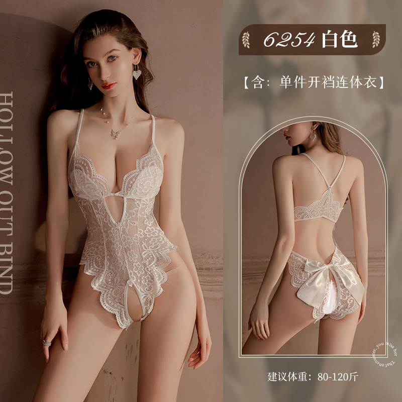 霏慕蝴蝶饰臀露胸开裆连体衣免脱开裆性感情趣内衣三点式比基尼套装6254 白【单件开裆连体衣】 私密包装