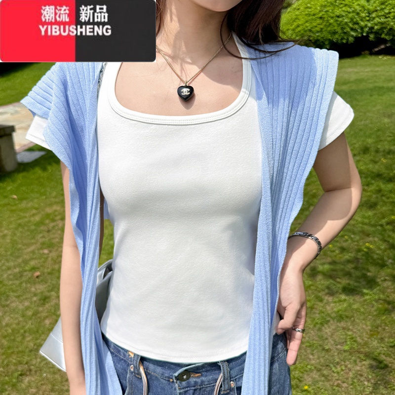 YIBUSHENG白色纯欲气质U领短袖T恤女季2024新款修身设计性感辣妹打底上衣高清大图