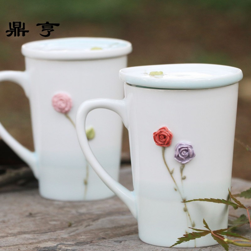 鼎亨可爱陶瓷水杯马克杯带盖勺大容量 创意定制情侣水杯咖啡杯牛