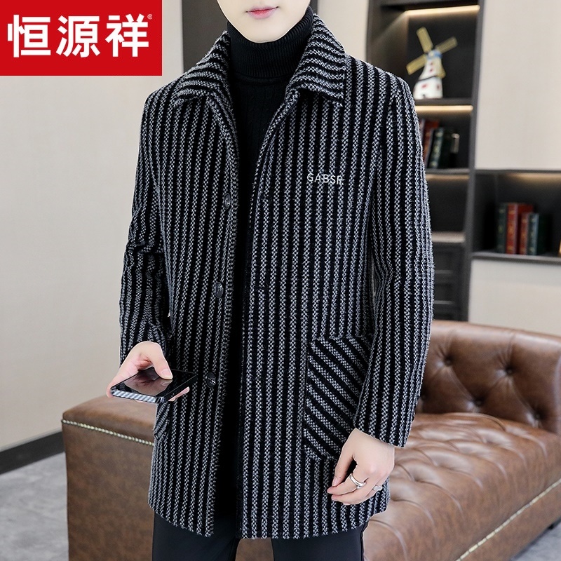 恒源祥男士毛呢风衣外套中长款条纹高端休闲翻领秋冬加厚夹克上衣 2XL 灰色15553