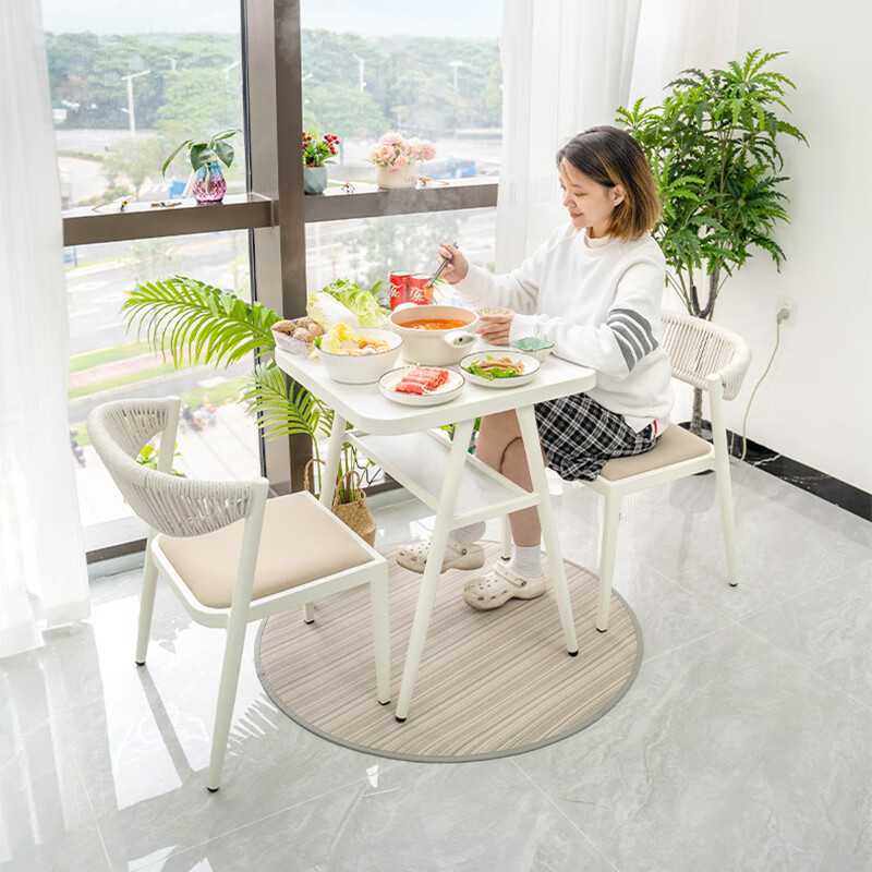 紫叶林顿桌椅餐桌岩板茶桌椅组合小户型带电磁炉火锅阳台小茶桌 奶油白1桌2椅